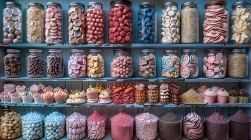 Assorted colorful candies in glass jars on shelves, showcasing sweets and treats in a candy shop.