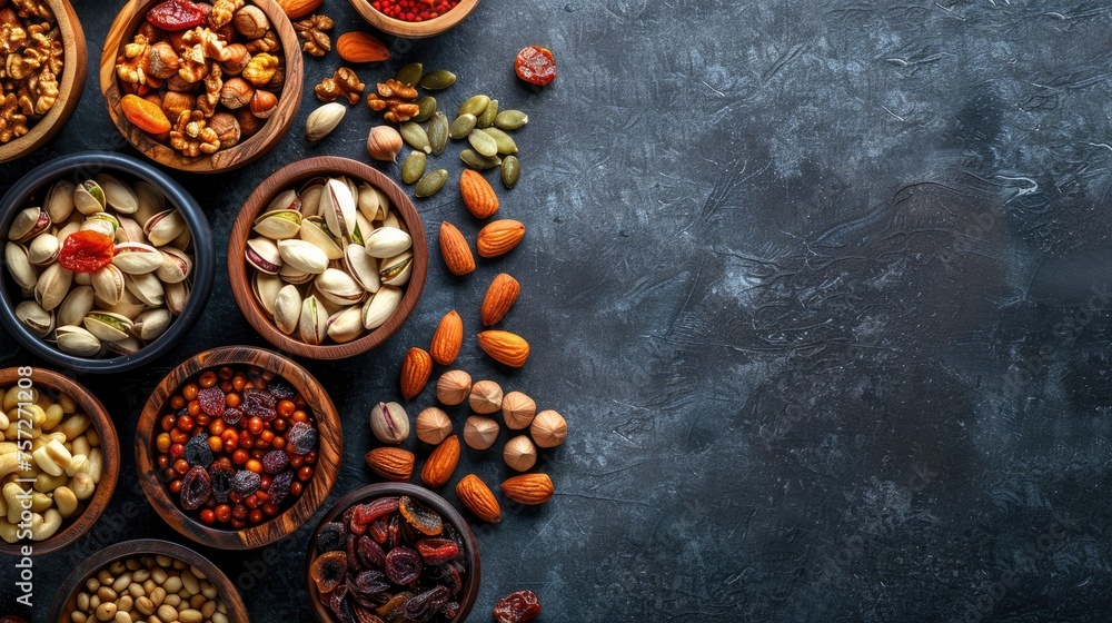 Assorted nuts and dried fruit. Organic food in wooden bowls. Assorted nuts and dried fruit. Organic food in wooden bowls.