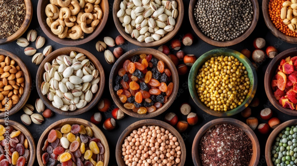 Assorted nuts and dried fruit. Organic food in wooden bowls. Assorted nuts and dried fruit. Organic food in wooden bowls.