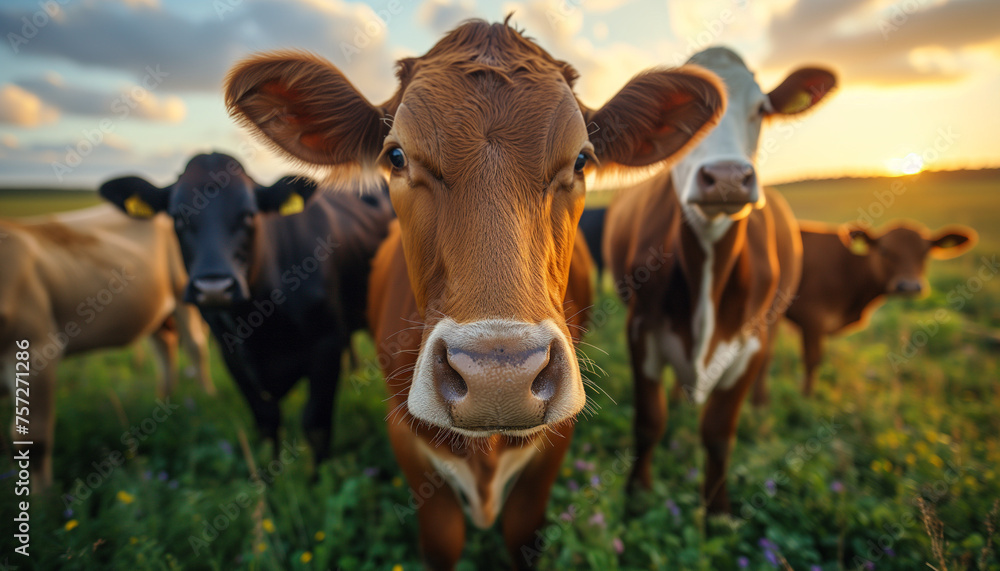 A group of cows portrait grazing in a meadow. Ecology, farm, eco meat A group of cows portrait grazing in a meadow. Ecology, farm, eco meat