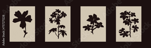 Pressed floral folkart vector motif set. Collection of stylized organic block print wildflower shape with woodcut paper texture effect. 