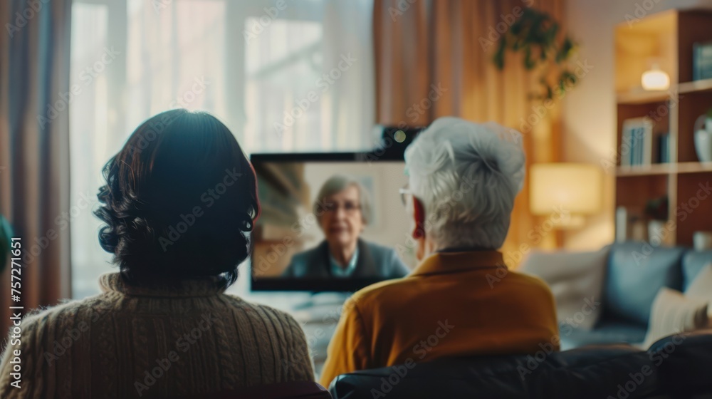 cinematic shot of person giving online seminar on television, a group of seniors are watching cinematic shot of person giving online seminar on television, a group of seniors are watching