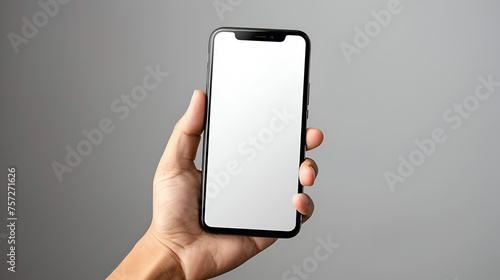 Human Hand Holding Blank Mobile Smart Phone with Copy Space for Mockup, Technology and Communication Concept, Generative AI