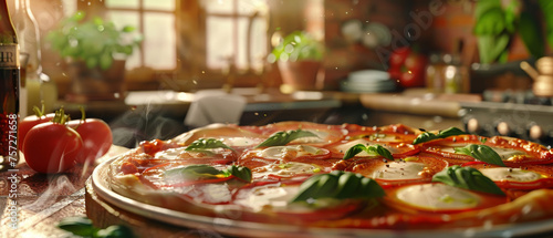 Fresh margherita pizza with basil and tomatoes on a rustic kitchen counter, sunlight streaming through the window.