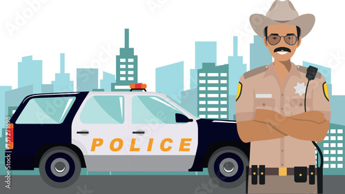 Young Cute Smiling Standing Policeman Sheriff Officer in Uniform with Police Car and Modern Cityscape in Flat Style. Vector Illustration