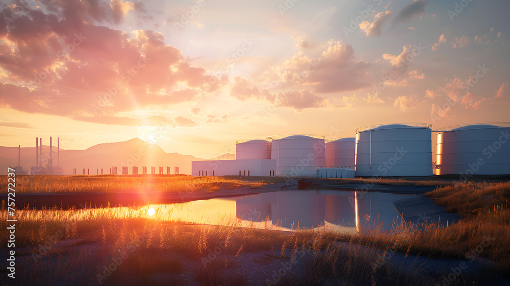 Hydrogen Zero Emission Storage Center at Sunset, Concept of Sustainable Energy Storage Solution, Environmental Conservation, Generative AI

