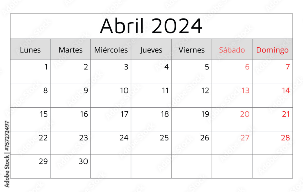 April 2024 SPANISH calendar (Abril). Vector illustration. Monthly planning for business in Spain April 2024 SPANISH calendar (Abril). Vector illustration. Monthly planning for business in Spain