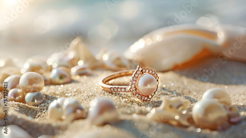 Gold Jewellery Ring with Pearls on Sand Beach Background, Luxury Jewelry Accessories, Elegant Summer Fashion, Generative AI 