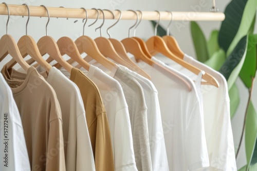 Clean, ironed t-shirts on a hanger in a store or at home in a light wardrobe. Clothing store concept for sale 