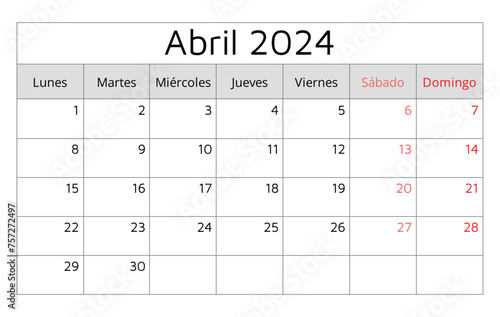 April 2024 SPANISH calendar (Abril). Vector illustration. Monthly planning for business in Spain