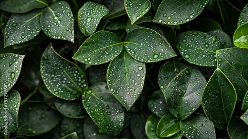 Lush garden foliage after rain for eco-friendly concepts. Close-up of green leaves with raindrops for serene backgrounds. Water droplets on green leaves capturing tranquil nature moments.