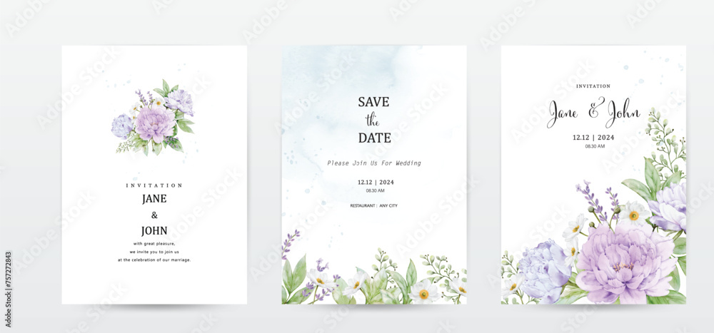 Set of invitation template cards with flowers and leaves watercolor