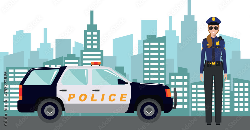 Naklejka premium Young Cute Smiling Standing Policewoman Officer in Uniform with Police Car and Modern Cityscape in Flat Style. Vector Illustration