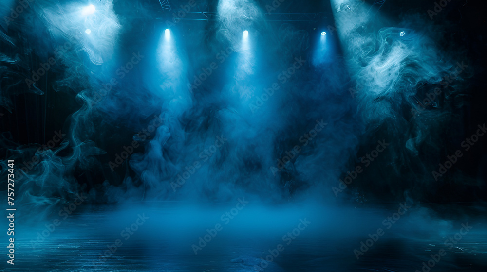 Illuminated Stage with Scenic Lights and Smoke, Atmospheric Concert Performance Background, Entertainment Event Concept, Generative AI

