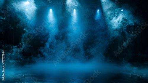 Illuminated Stage with Scenic Lights and Smoke, Atmospheric Concert Performance Background, Entertainment Event Concept, Generative AI