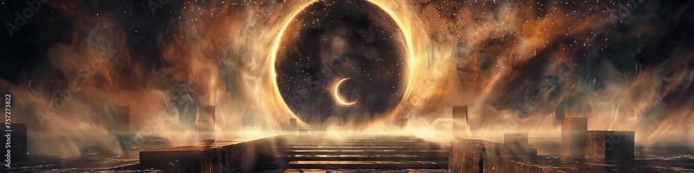 An eclipse portal, a gateway opening during a solar eclipse, celestial energies swirling around a mystical, ancient altar