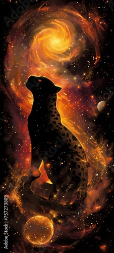 A leopard silhouetted against a stunning gamma-ray burst in an interstellar setting, with celestial bodies in orbit around it