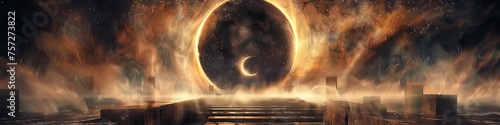An eclipse portal, a gateway opening during a solar eclipse, celestial energies swirling around a mystical, ancient altar