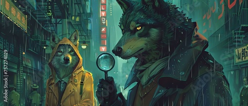 On rain slicked city streets a robot wolf detective and a human counterpart share a magnifying glass piecing together puzzles photo
