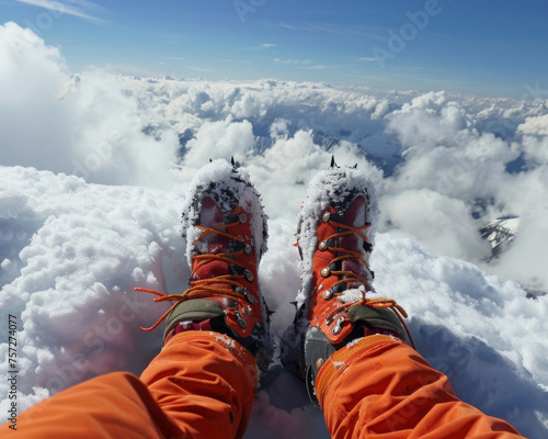 Mountaineer's snow-covered boots at a summit with clouds below, symbolizing achievement