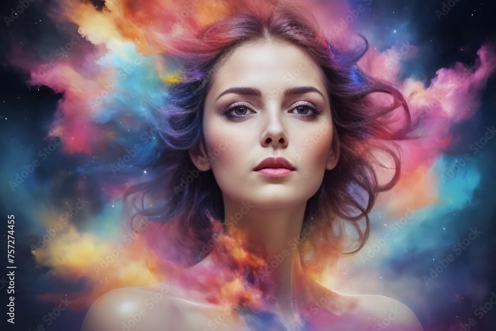 portrait of a beautiful fair-skinned girl in multicolored cosmic smoke. double exposure