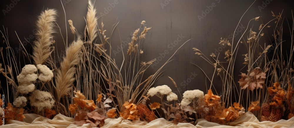 A collection of dried flowers and grass arranged on a dark background, creating a natural landscape art piece with terrestrial plants, showcasing the beauty of plants even in a dormant state A collection of dried flowers and grass arranged on a dark background, creating a natural landscape art piece with terrestrial plants, showcasing the beauty of plants even in a dormant state