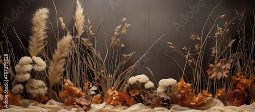 A collection of dried flowers and grass arranged on a dark background, creating a natural landscape art piece with terrestrial plants, showcasing the beauty of plants even in a dormant state