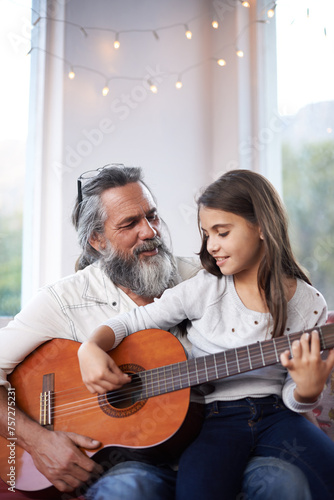 Mature man, girl or guitar as learning, music or training as creative practice for skill development. Retired teacher, student or instrument to mentor, guide or advice as song, bonding or together