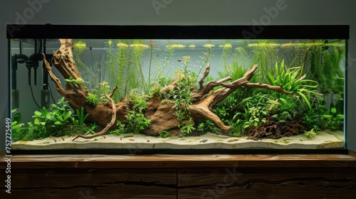 large aquascape aquarium with driftwood in a modern home  photo