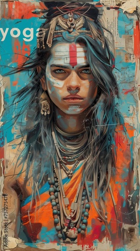 Tribal warrior portrait with abstract art background: digital artwork featuring a young man with tribal makeup and attire against a vibrant, textured backdrop for international day of yoga poster