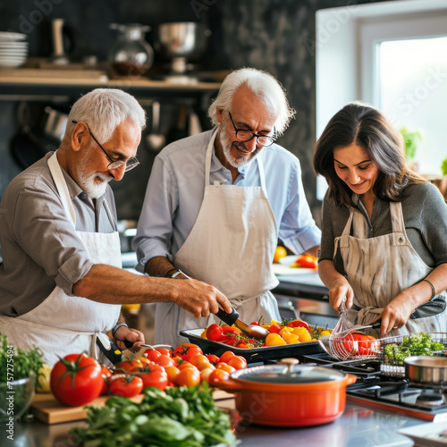 Active longevity. Men and women have been cooking in the kitchen for 60 years.