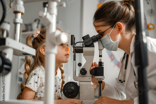 Female ophthalmologist checks the eyesight of a presch