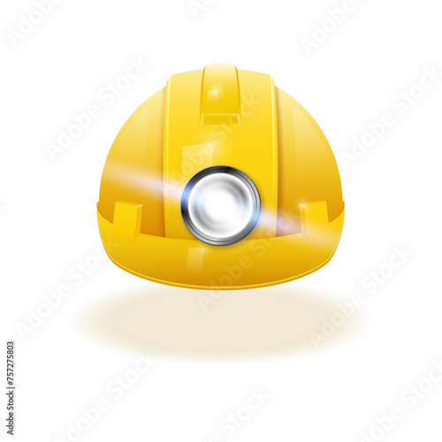 Protective construction helmet with a flashlight. Vector illustration.