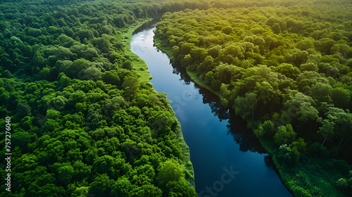 River and green forest in Tuchola natural park. generative ai 