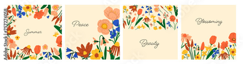 Wildflowers art on cards set. Postcard with blossom meadow, flowers: tulips, buttercup, bell, lilies of the valley. Summer field plants. Wild flora frame, floral decor. Flat vector illustrations