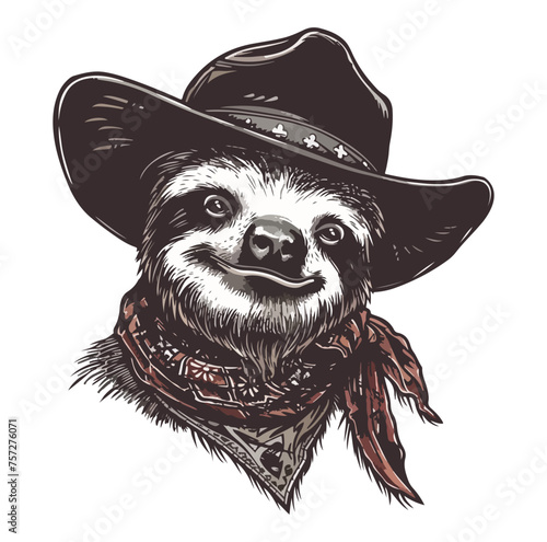 Sloths Head wearing wearing cowboy hat and bandana around neck