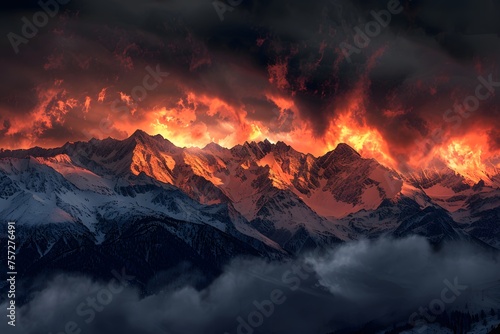 A breathtaking red sunset casts warm hues over the snow-capped Alps against a brooding grey sky.