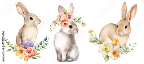watercolor Easter bunny illustration with floral spring bouquets of wild flowers