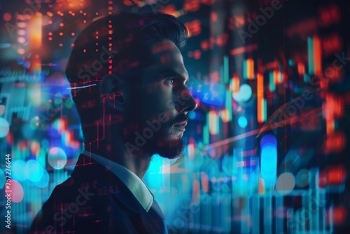 Double Exposure of Handsome businessman and Stock market digital graph chart on background