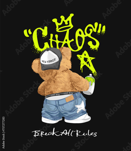 bear doll hipster with chaos graffiti spray painted hand drawn vector illustration on black background