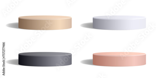 Empty round podium of white, black, pink and beige colors isolated on white. Realistic monochrome low studio platform with shadow in 3D style. Blank vector template for product presentation.
