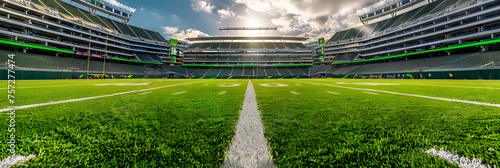 Green Field in American Football Stadium. Ready for Exciting Game Day Action, Sports Arena with Spectators, Generative AI

 photo