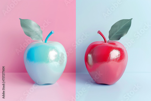 Two painted apples with contrasting colors on dual background