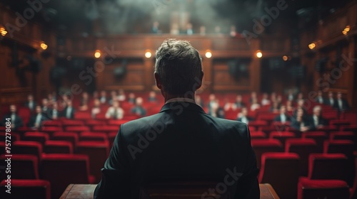 business man speaking in audience in front of people