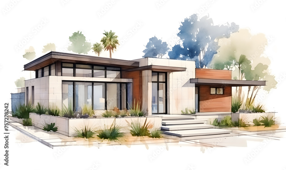 Modern cubic house with a front garden. Exterior of residential architecture for the modern family. Drawing in watercolor colors.