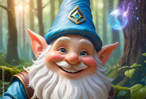 Close-up of a smiling gnome in a forest photo