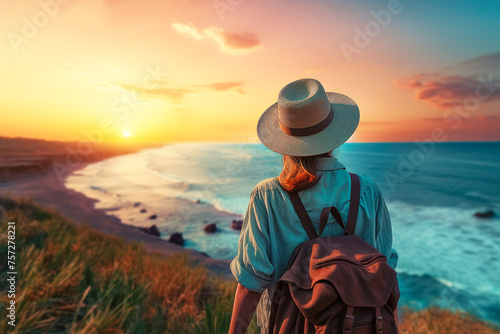 A person clad in a hat and backpack gazes at a captivating sunset by the sea, lost in the beauty of the tranquil moment. Concept travel alone, outdoor activities, vacation, tourism, hike.