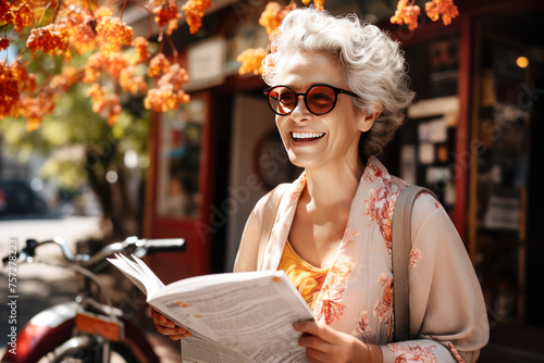 A smiling senior woman with silver hair and sunglasses as she navigates a new city with a map outdoors on a sunny day. Concept travel alone, outdoor activities, vacation, me time.