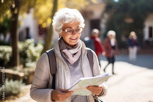 A smiling senior woman with silver hair and glasses as she navigates a new city, reading a map outdoors on a sunny day. Concept travel alone, outdoor activities, vacation, me time, adventure, tourism