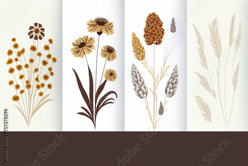 Four panels showcasing various botanical illustrations of dried wild herbs of beige, brown colors on the white background with place for the text. Concept design of book illustrations, advertising